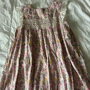 Mini Boden Pink Floral Smocked Cotton Dress with Lace Trim size 9-10